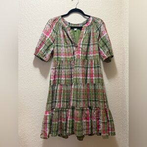 crown & ivy, Green and Pink Plaid Tiered Mini Dress, Size S